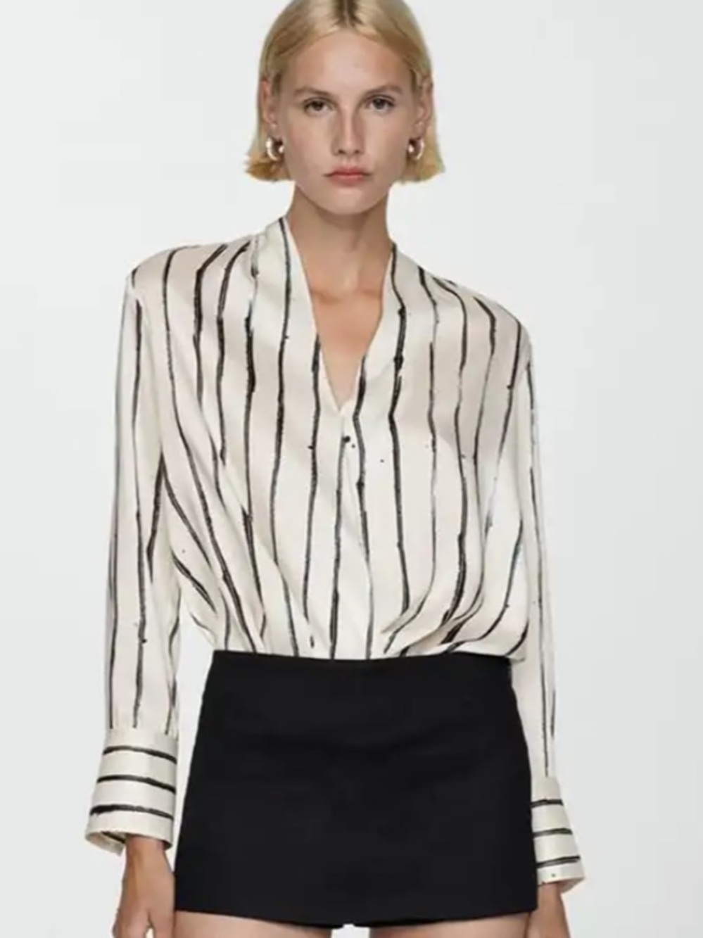 NWT Mango cream with black stripe wrap blouse with cuffs size S
